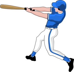 Baseball player in blue uniform mid-swing with wooden bat, white pants, and blue cap.