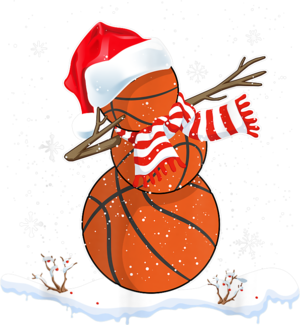 Festive basketball snowman wearing Santa hat and striped scarf, dabbing in snowy scene with falling snowflakes.