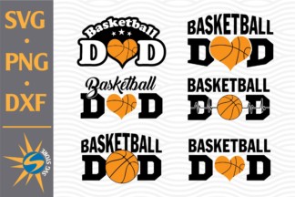 Collection of "Basketball Dad" SVG, PNG, and DXF designs featuring heart-shaped basketballs and bold typography.