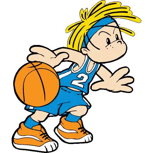 Cartoon boy with spiky yellow hair dribbling a basketball in blue jersey #2.