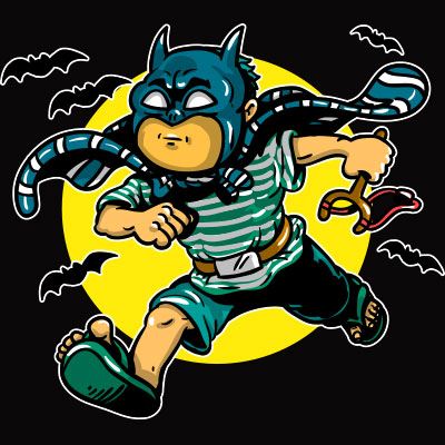 A cartoon child in a Batman mask and striped shirt runs with a slingshot, bats flying around a yellow moon.