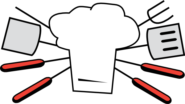 White chef's hat surrounded by kitchen tools including spatulas, tongs, and a fork on a black background.