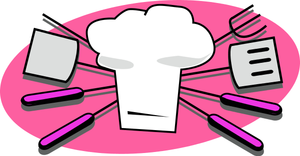 White chef's hat centered on pink oval with kitchen tools including spatulas, tongs, and a fork.
