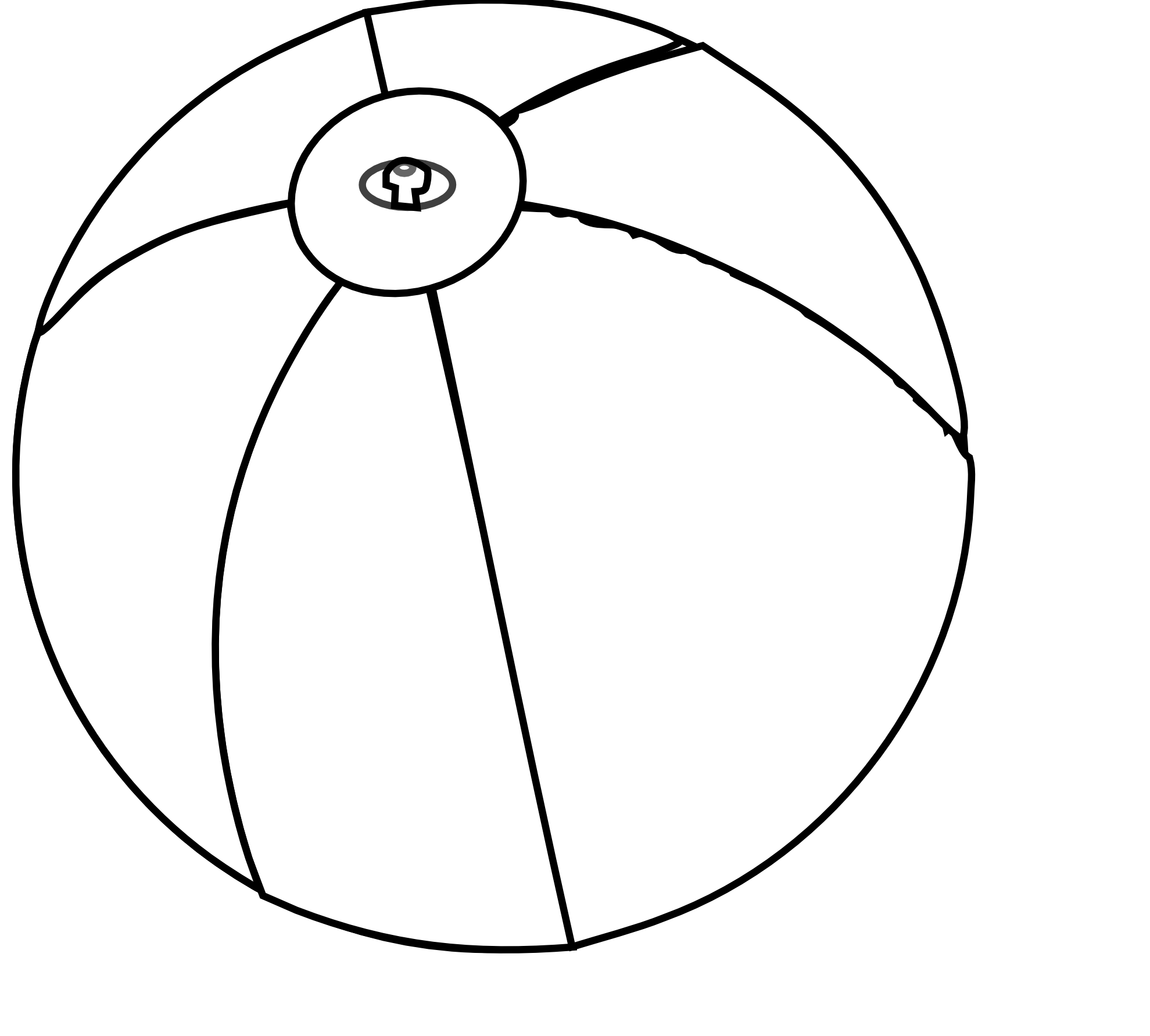 Line drawing of a classic inflatable beach ball with segmented panels and valve detail.