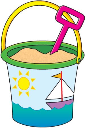 Colorful beach bucket with sand, pink shovel, sun and sailboat design.