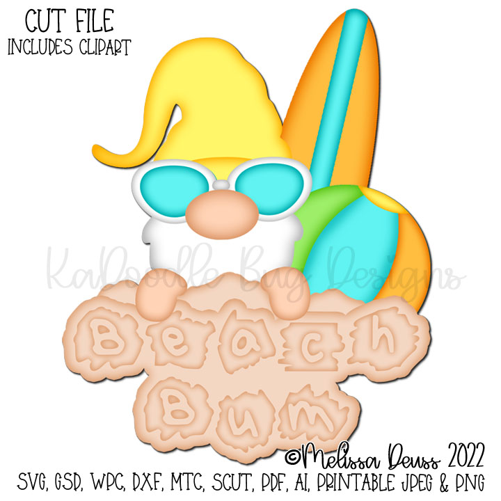 Beach-themed gnome with sunglasses, surfboard, beach ball, and "Beach Bum" sign; cut file for crafting.