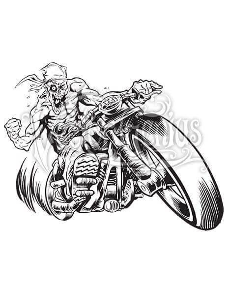 A fierce skeletal biker with bandana rides a roaring motorcycle in high-speed motion, rendered in bold black-and-white ink style.
