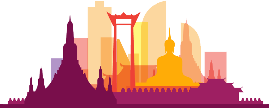 Stylized Bangkok skyline featuring Wat Arun, Giant Swing, Erawan Shrine, and seated Buddha in warm gradient tones.