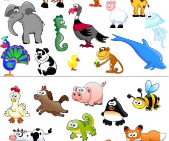 Collection of colorful cartoon animals including elephant, panda, dolphin, pig, bee, and more on white background.