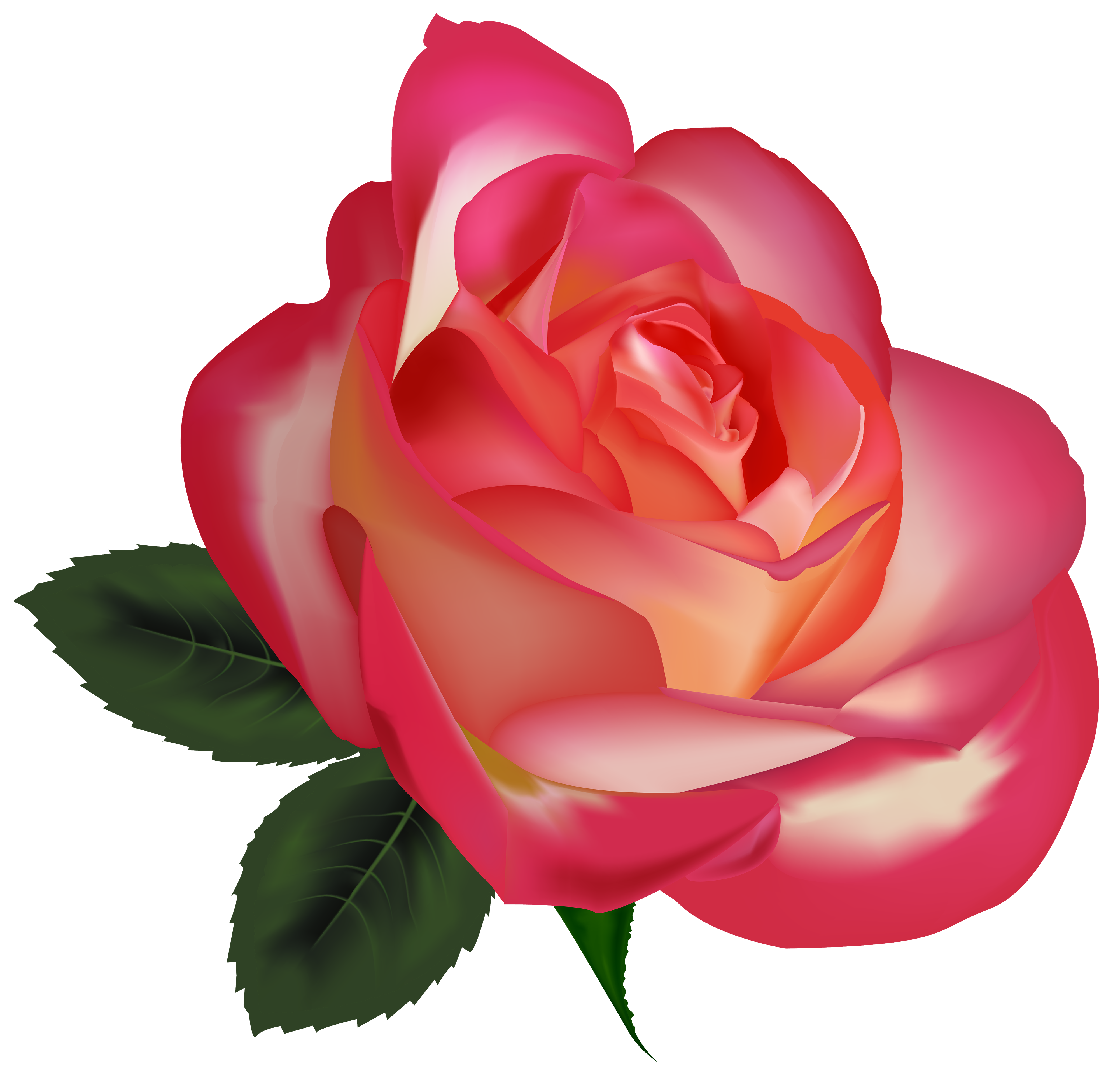 Vibrant red-orange rose in full bloom with soft gradients and green leaves, digitally rendered.