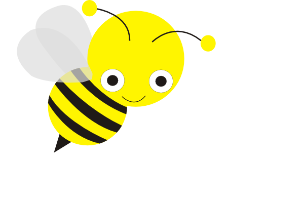 A cheerful cartoon bumblebee with yellow body, black stripes, large eyes, and translucent wings flying to the right.