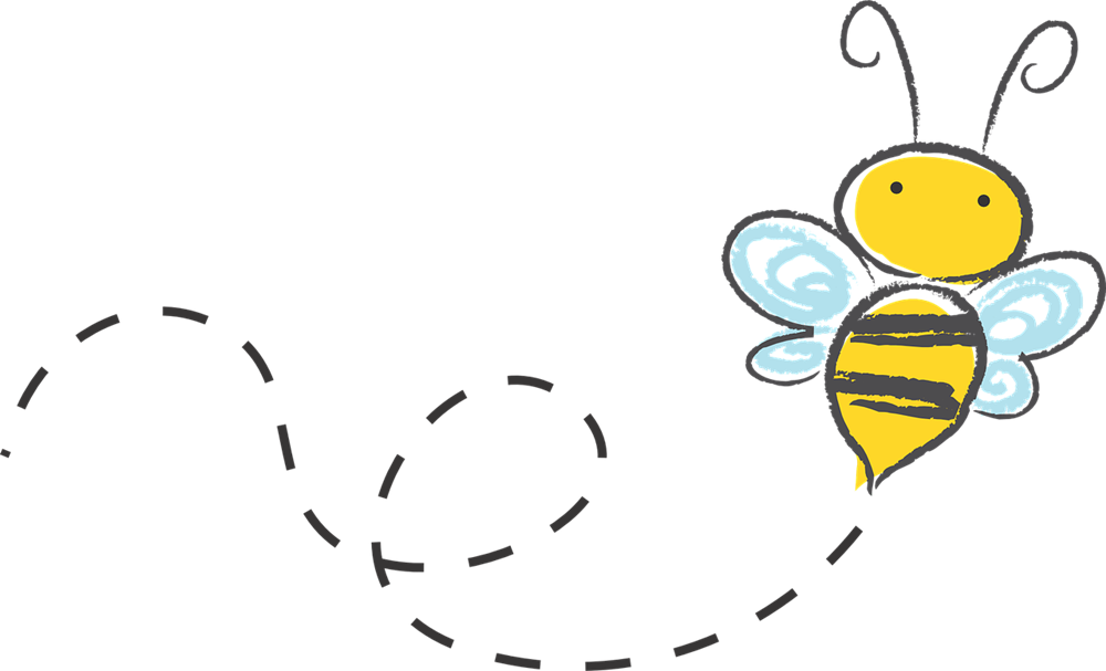 A cheerful cartoon bee with yellow body, black stripes, light blue wings, and a dotted flight path on black background.