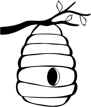 A black-and-white line drawing of a layered beehive hanging from a tree branch with leaves.