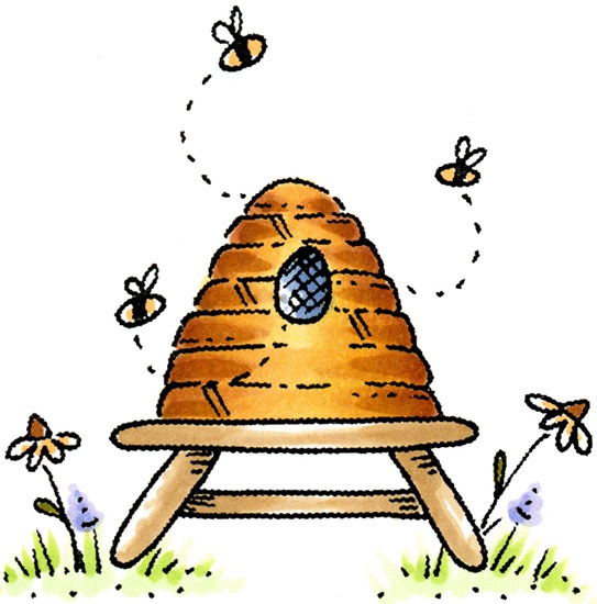 A cartoon beehive on a wooden stand with bees flying around and flowers nearby.