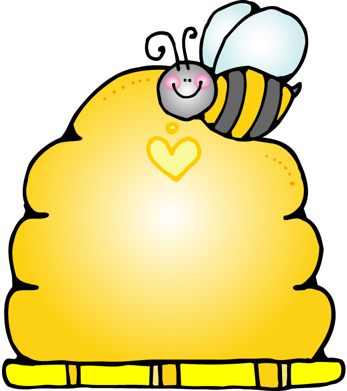Cheerful cartoon bee with striped body and translucent wings perched atop a golden honeycomb with a heart symbol.