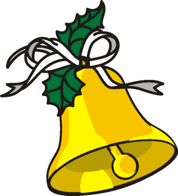Golden Christmas bell adorned with green holly leaves and a white ribbon bow.