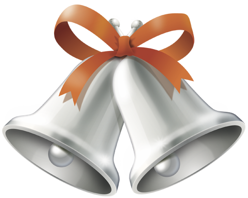 Two shiny silver bells tied with an orange ribbon bow, festive and celebratory.