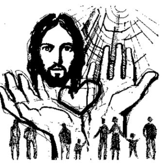 A sketch-style illustration of Jesus with outstretched hands, a heart symbol, and silhouetted people below, set against a radiant cross background.