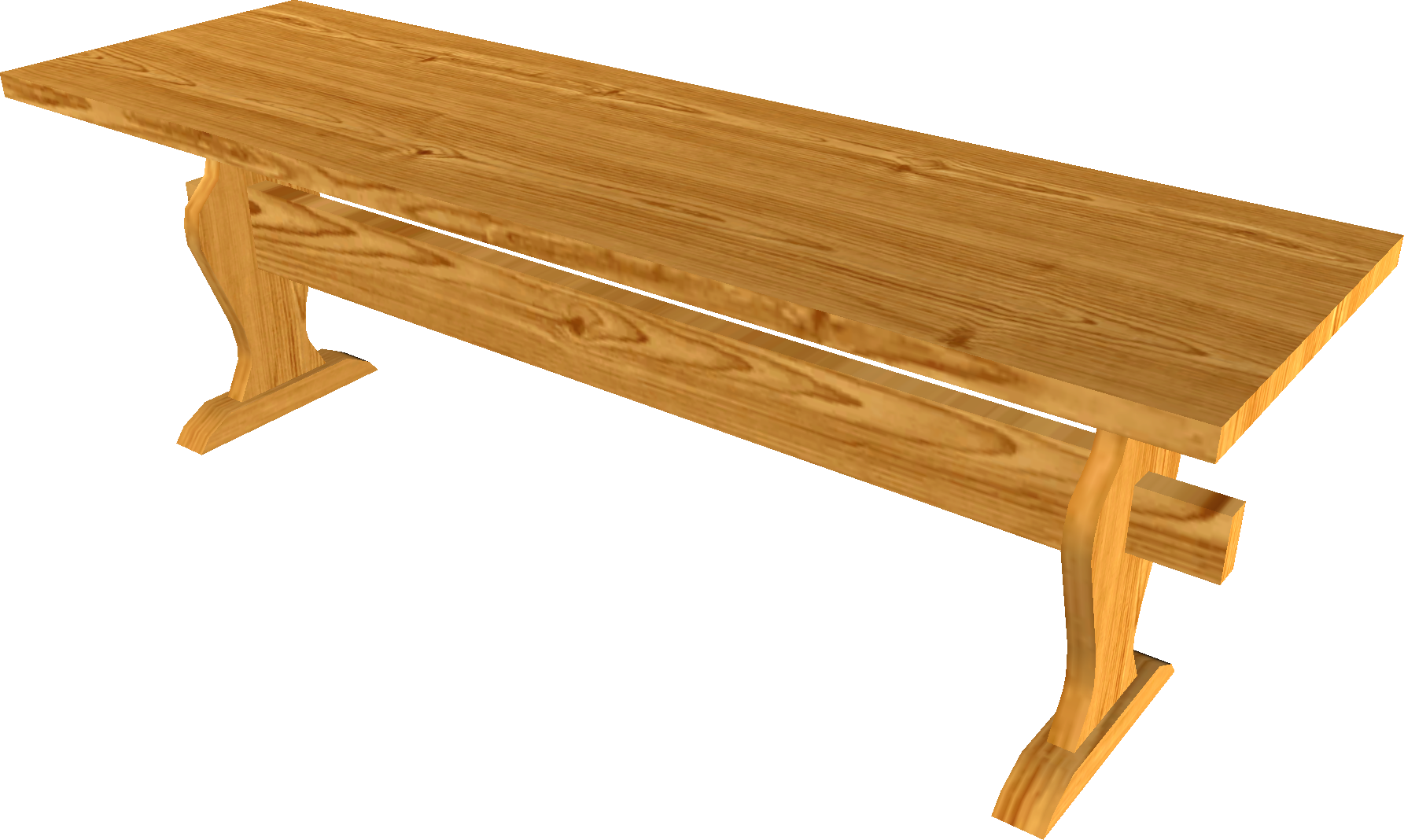 Rustic wooden trestle table with natural grain finish and curved legs on green background.