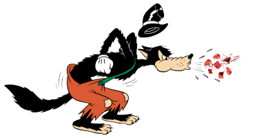 Cartoon wolf in orange pants sneezing violently, sending red fragments flying, hat flying off head.