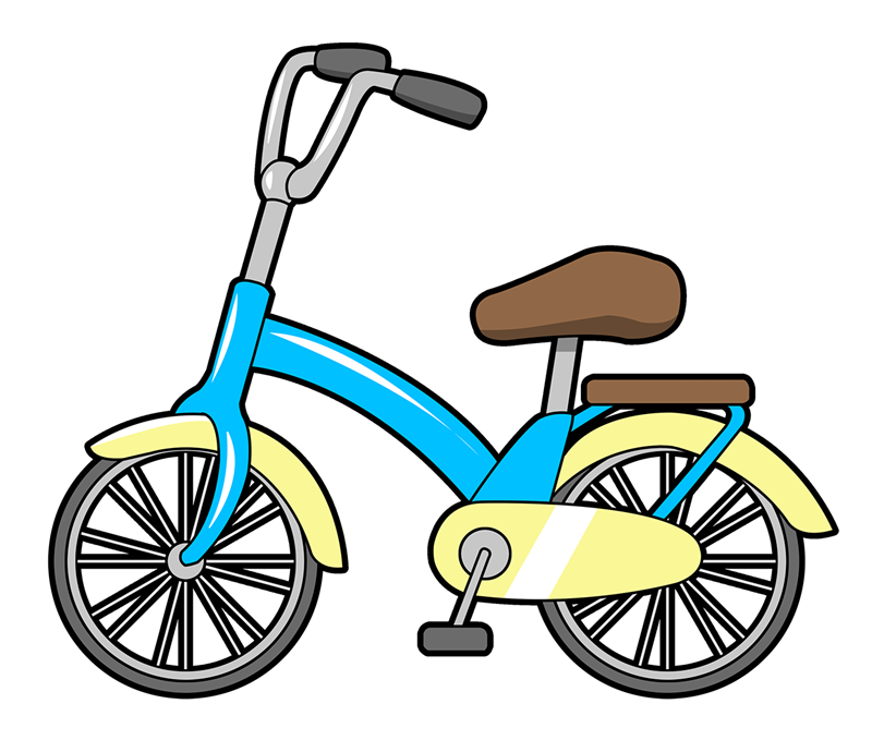 Blue and yellow children's bicycle with brown seat and fenders, cartoon-style illustration on black background.