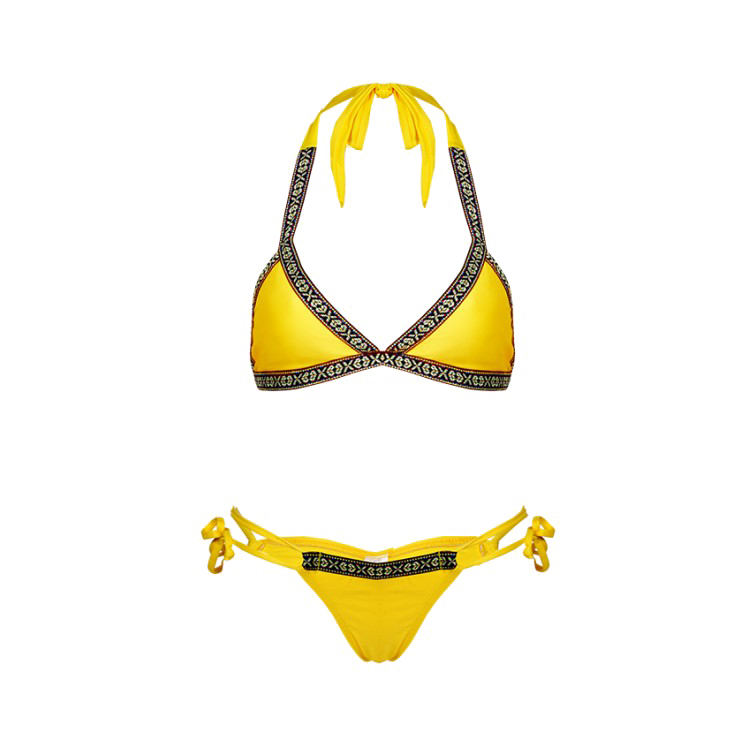 Vibrant yellow halter-neck bikini with black geometric trim and side-tie bottoms.