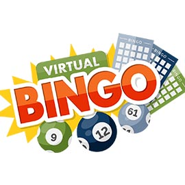 Colorful "Virtual Bingo" graphic with bingo balls, cards, and burst effect.