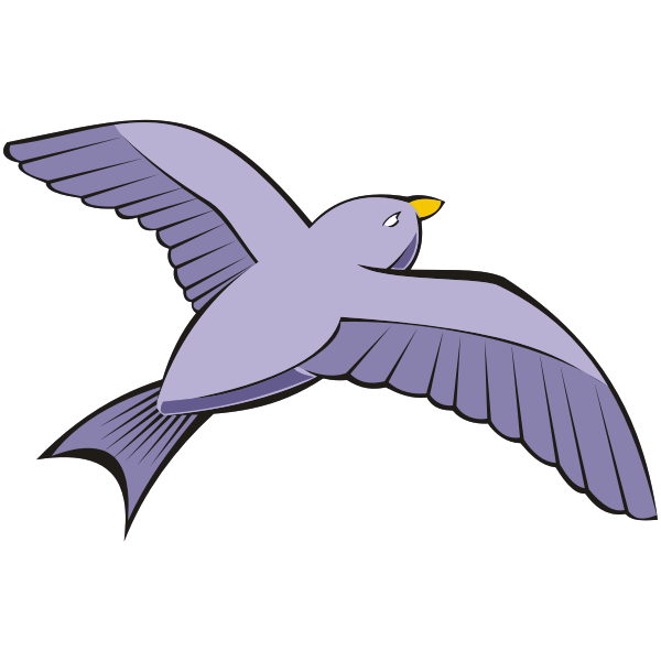 Purple cartoon bird in flight with yellow beak and outstretched wings against black background.