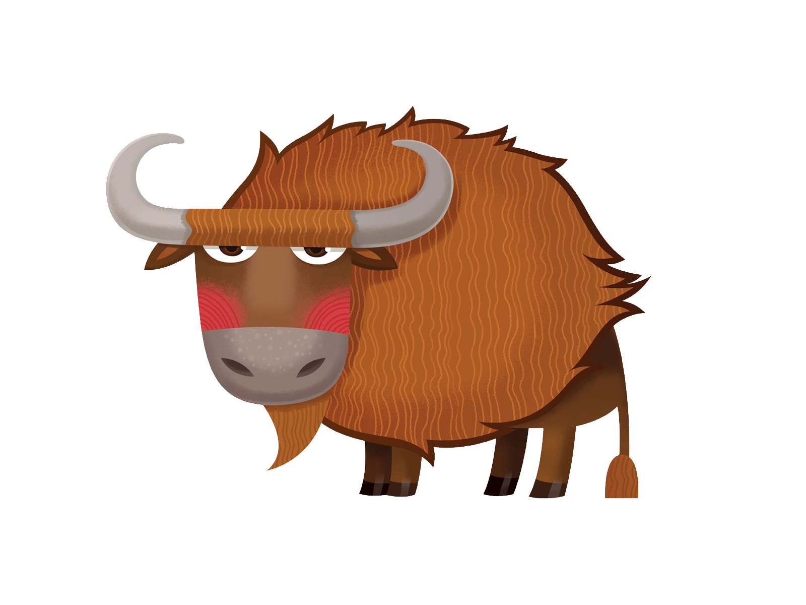 Cartoon-style brown yak with curved horns, shaggy fur, and red cheek markings on black background.