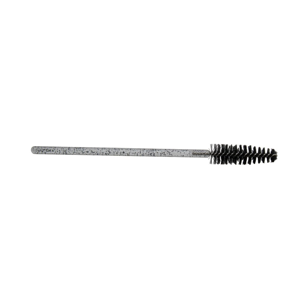 Black-bristled cleaning brush with speckled gray handle on white background