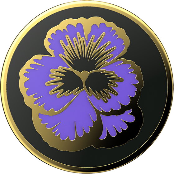 Gold-rimmed circular emblem featuring a stylized purple pansy with gold outlines on a black background.
