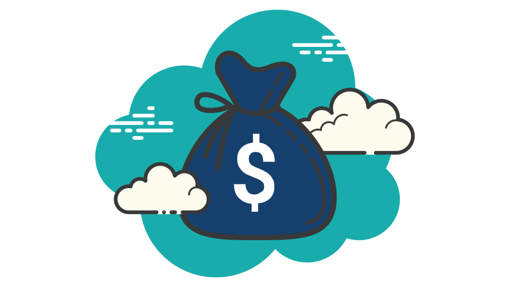 A blue money bag with a dollar sign inside a teal cloud, surrounded by white clouds and motion lines, symbolizing cloud-based financial services.