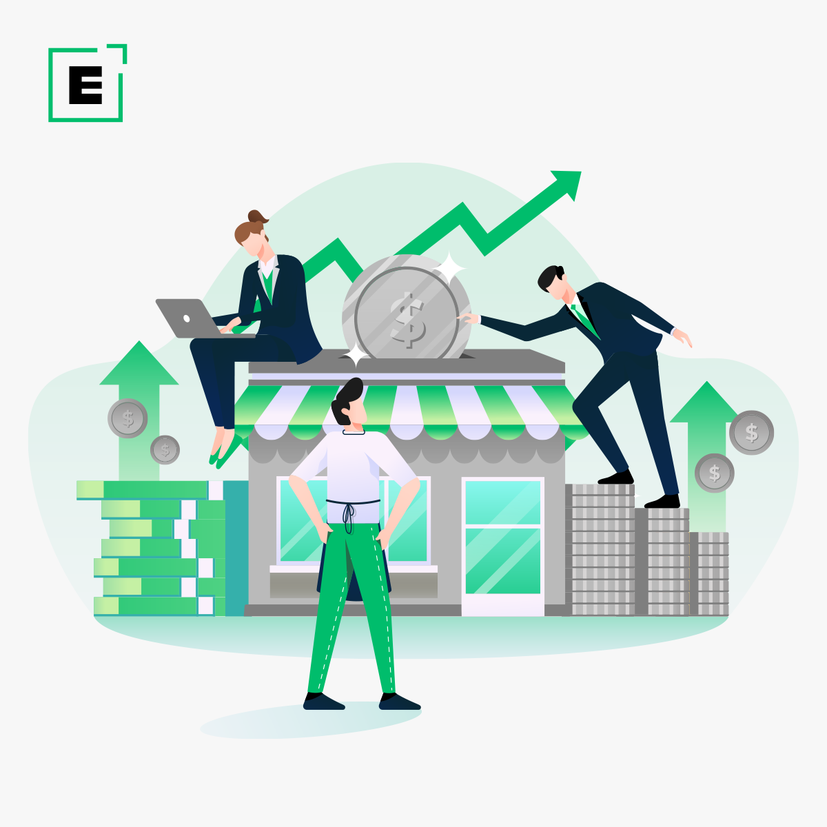 Business professionals managing finances and growth for a small retail shop with coins, charts, and cash stacks.