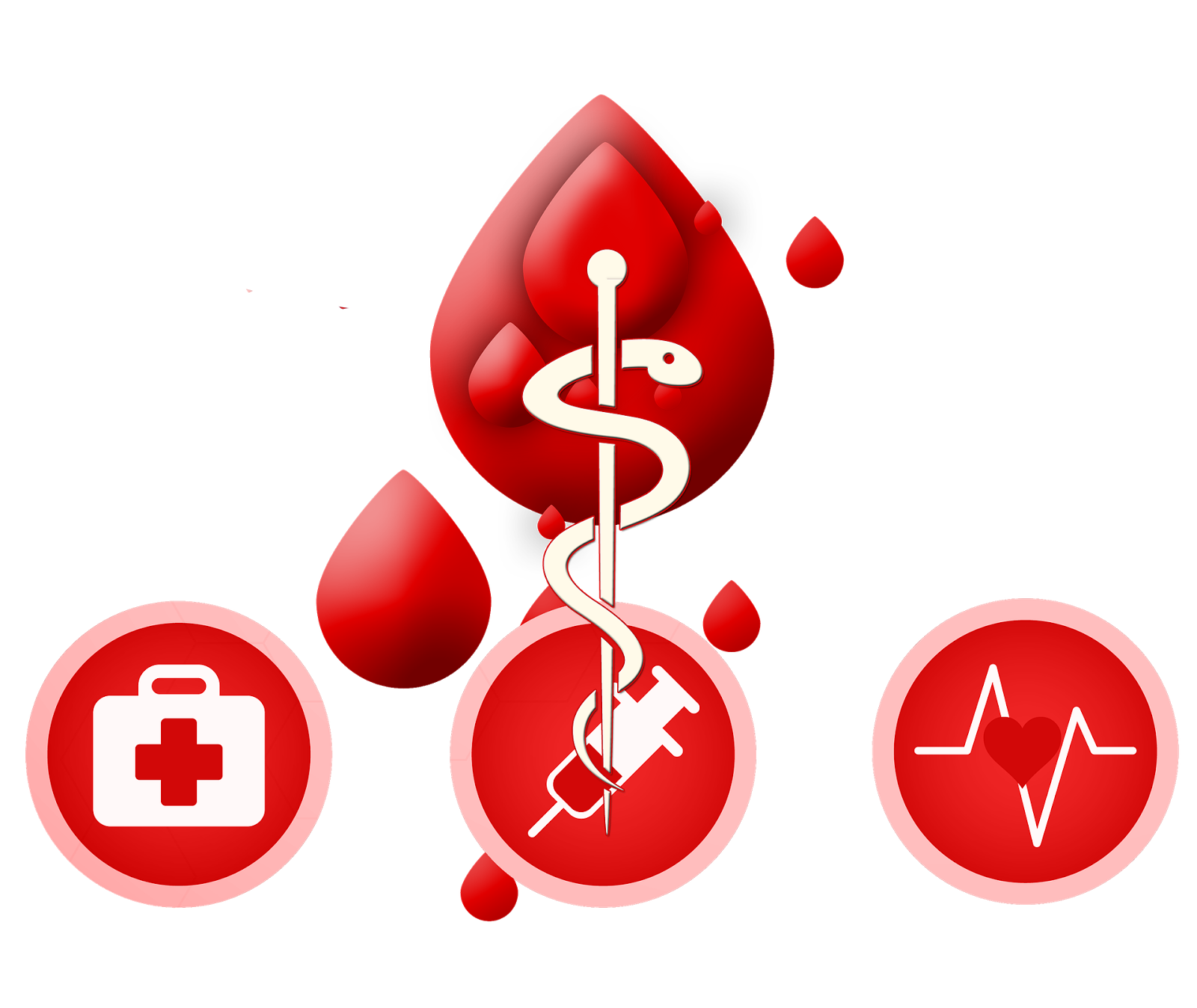 Medical symbols including caduceus, blood drop, first aid kit, syringe, and heartbeat icon on black background.