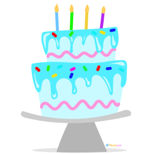Two-tiered birthday cake with blue frosting, pink wavy borders, colorful sprinkles, and five lit candles on a gray cake stand.