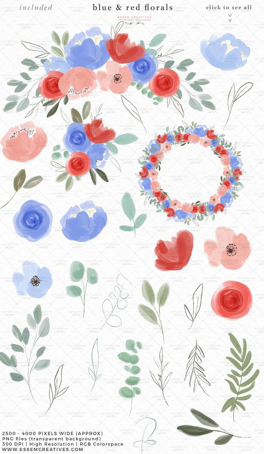 Blue & Red Watercolor Floral Clipart Bundle | ESSEM Creatives