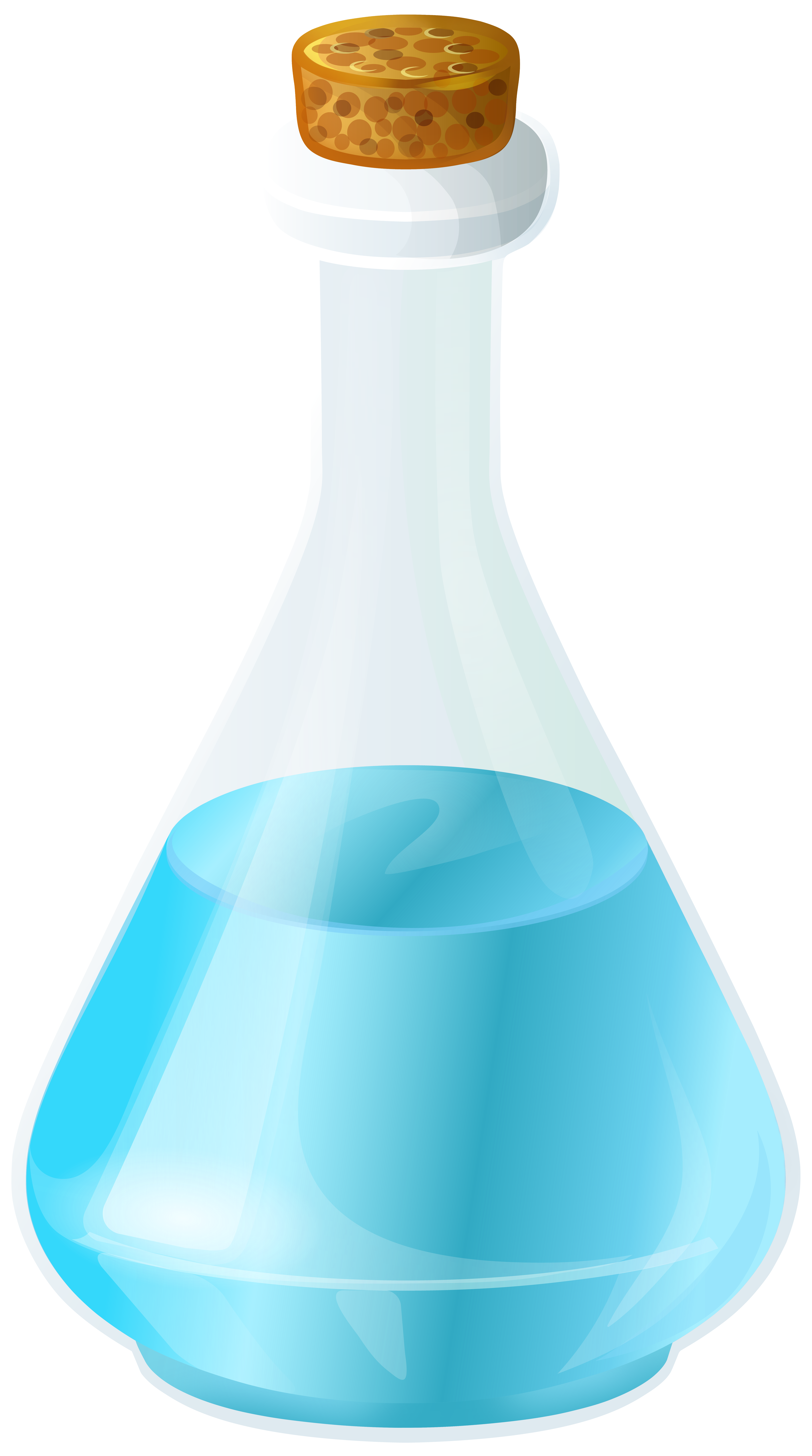 A conical flask filled with blue liquid, topped with a cork stopper containing brown granules.