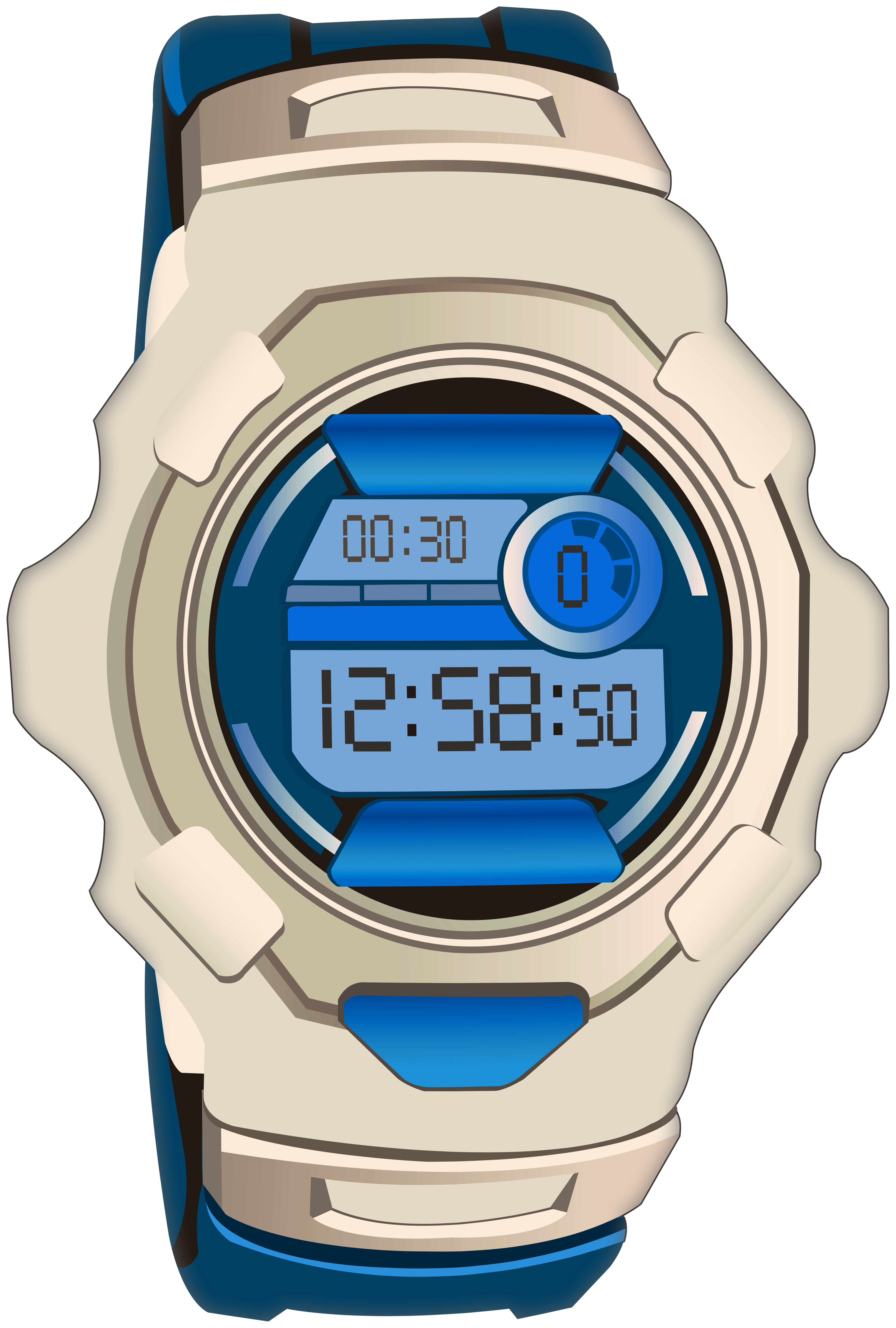 Beige digital sports watch with blue accents showing time 12:58:50 and a 30-second timer.