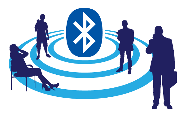 Bluetooth connectivity symbol with four silhouetted people surrounded by concentric signal waves.