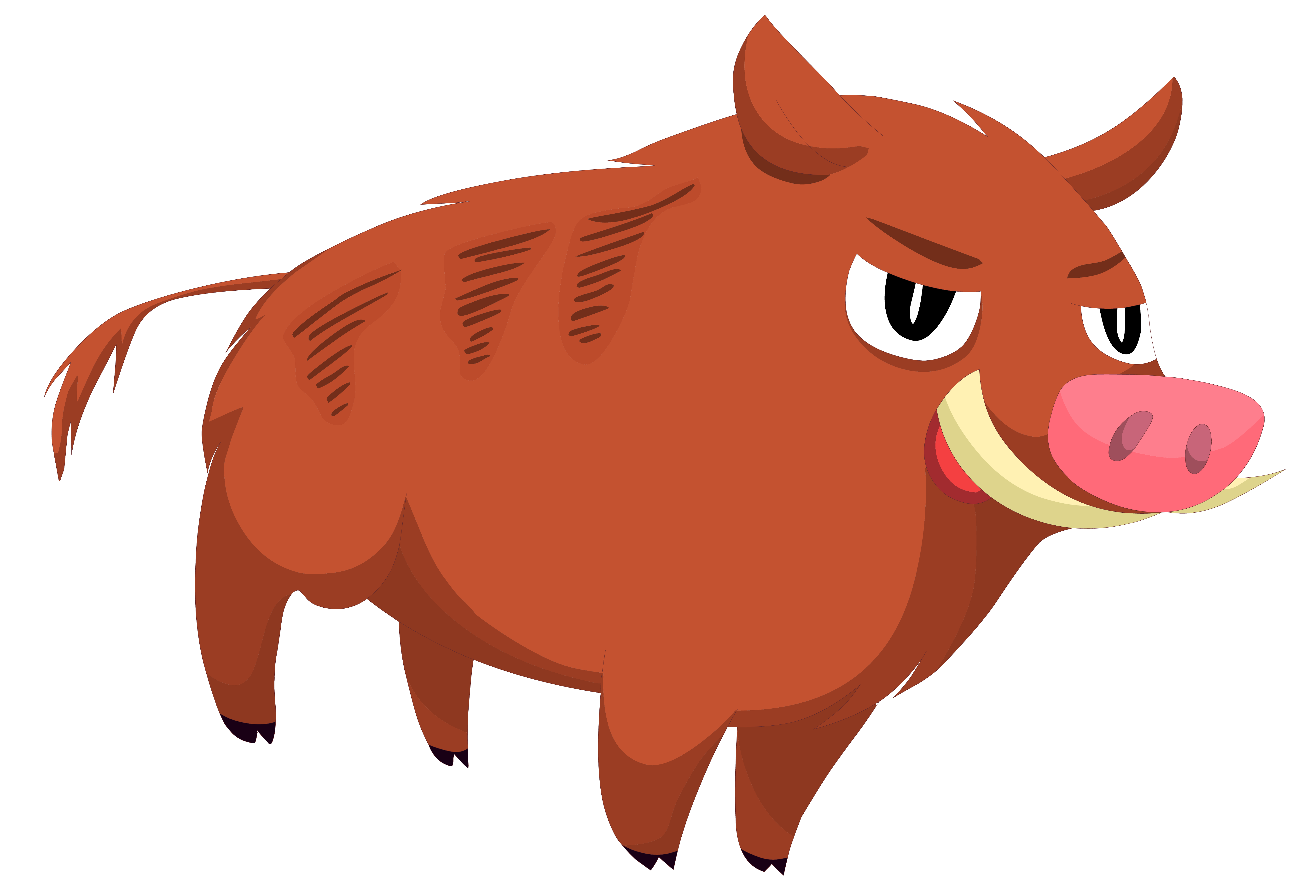 Angry cartoon wild boar with tusks, pink snout, and brown fur standing sideways.