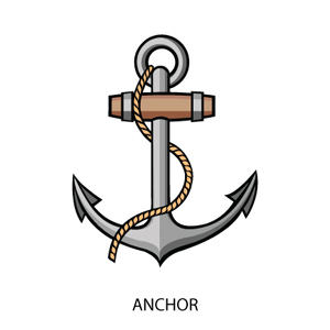 Illustration of a classic ship anchor with rope wrapped around its shank and stock, labeled "ANCHOR".