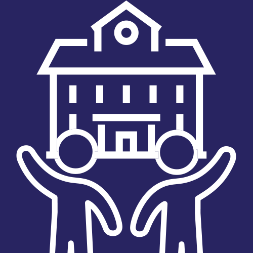 Two stylized figures lifting a house, symbolizing community support, housing assistance, or shared ownership.