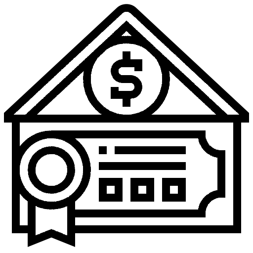 Icon depicting a house with a dollar sign inside and a certificate below, symbolizing property financing or mortgage certification.