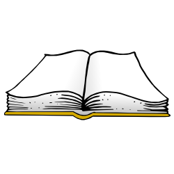 Open book illustration with white pages, black outlines, and a yellow spine.