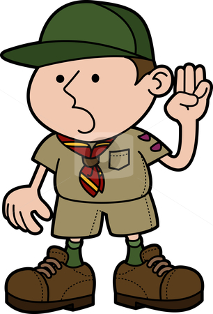 Cartoon boy scout in uniform saluting, wearing green cap, neckerchief, and hiking boots.