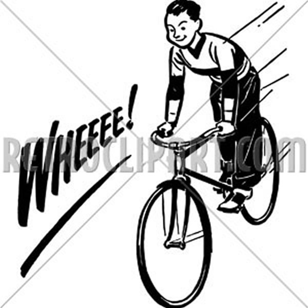 Vintage-style illustration of a smiling boy racing on a bicycle with "WHEEE!" sound effect.