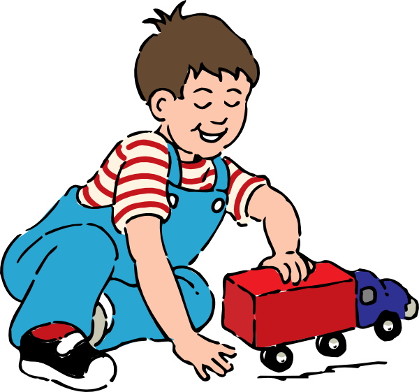 A smiling boy in blue overalls and red-and-white striped shirt plays with a red toy truck on the floor.