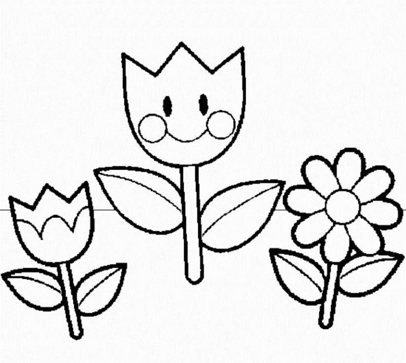 Printable Flower Coloring Page - Cute Smiling Tulips and Daisy for Kids