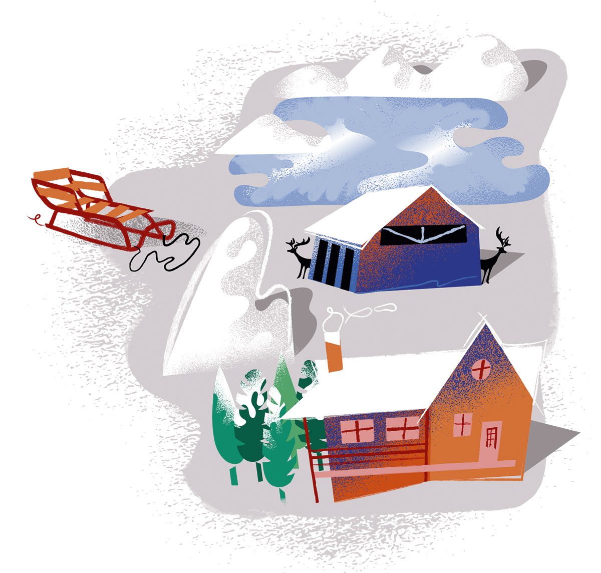 Winter scene with snow-covered cabins, deer, evergreen trees, and a red sled on snowy ground under cloudy sky.