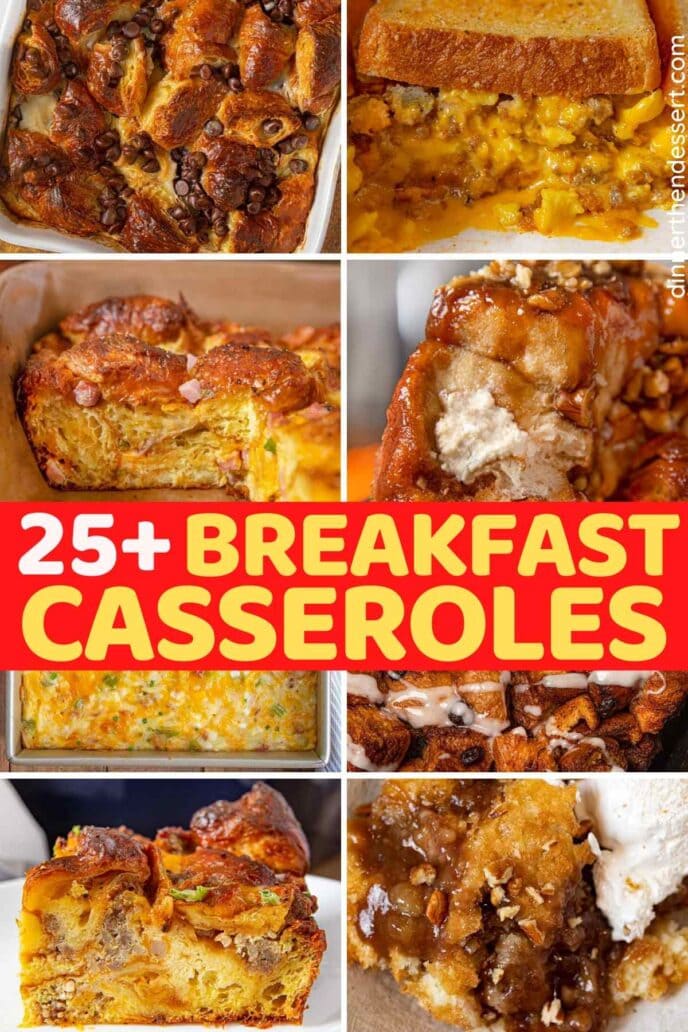 Collage of eight delicious breakfast casseroles including French toast bake, egg strata, and sausage bread pudding.